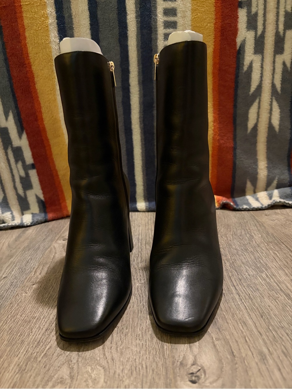 Jimmy Choo Black Leather Square-Toe Mid-Calf Boots with Gold Zip